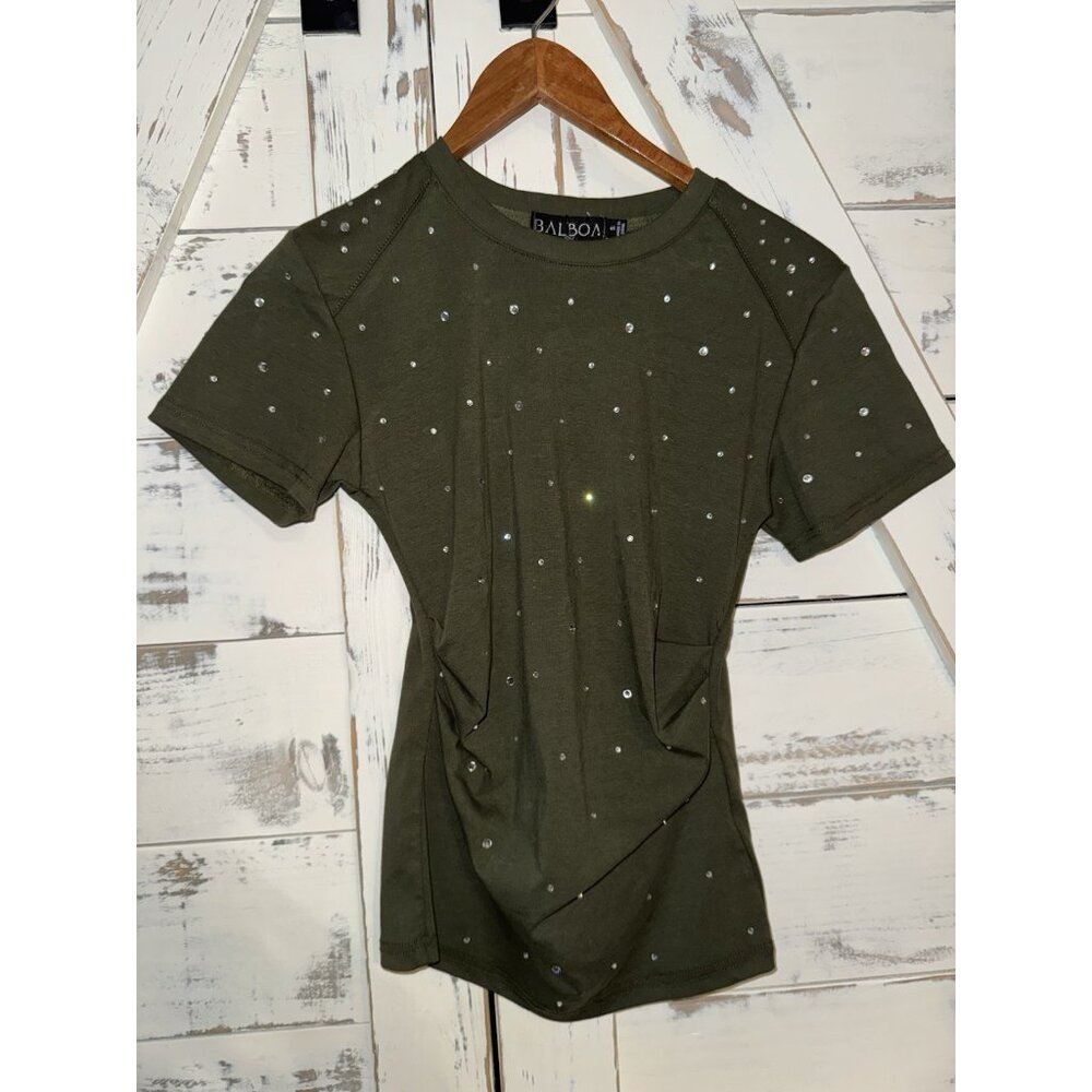 NEW Balboa Fashion Rhinestone Top Olive Green Silver Small Sexy Ruched Fitted